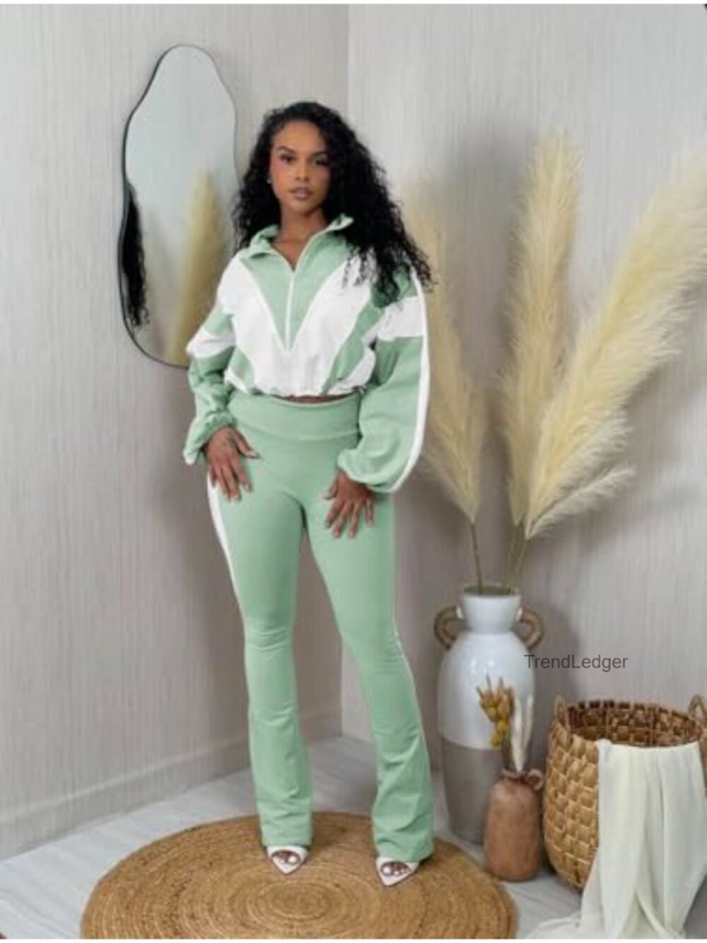2 Piece Outfit Color Block Zip Jacket Bodycon Long Pants Set - Picture 4 of 6